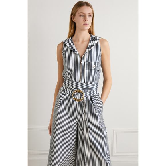 Open-back Striped Cotton Jumpsuit - Picture 1 of 8